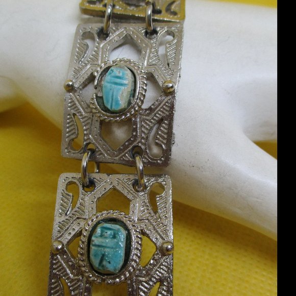 EGYPTIAN Revival SCARAB ANKH Turquoise STONE Silver Tone Metal Panel Bracelet - Picture 5 of 13